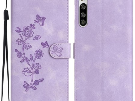 Flower Imprint Leather Case for Sony Xperia 5 , Wallet Stand Mobile Phone Protective Cover - Purple For Discount