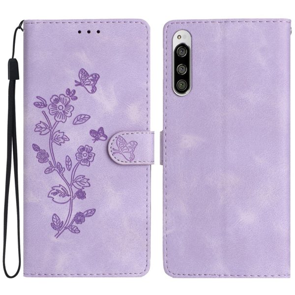 Flower Imprint Leather Case for Sony Xperia 5 , Wallet Stand Mobile Phone Protective Cover - Purple For Discount