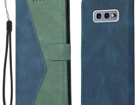 Color Splicing Leather Wallet Stand Mobile Phone Protection Cover Shell with Lanyard for Samsung Galaxy S10e - Blue Green Hot on Sale