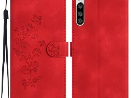 Flower Imprint Leather Case for Sony Xperia 5 , Wallet Stand Mobile Phone Protective Cover - Red Cheap