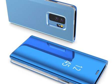 For Samsung Galaxy S9+ G965 Plated Mirror Surface Information View Stand Leather Smart Mobile Casing - Blue For Discount