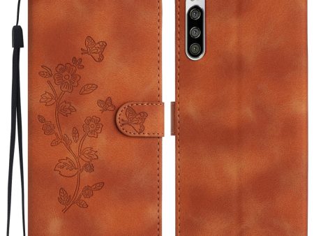 Flower Imprint Leather Case for Sony Xperia 5 , Wallet Stand Mobile Phone Protective Cover - Brown Supply