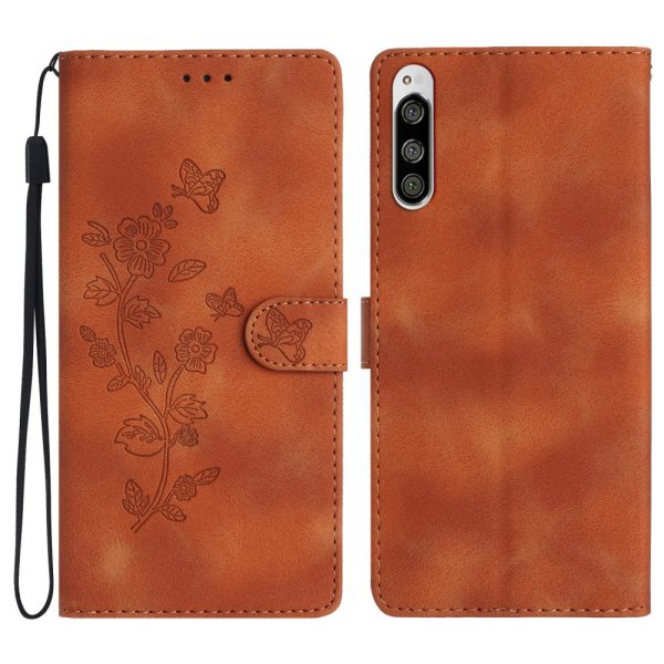 Flower Imprint Leather Case for Sony Xperia 5 , Wallet Stand Mobile Phone Protective Cover - Brown Supply