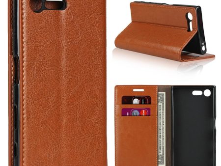 Crazy Horse Genuine Leather Mobile Casing Wallet for Sony Xperia X Compact - Brown Cheap